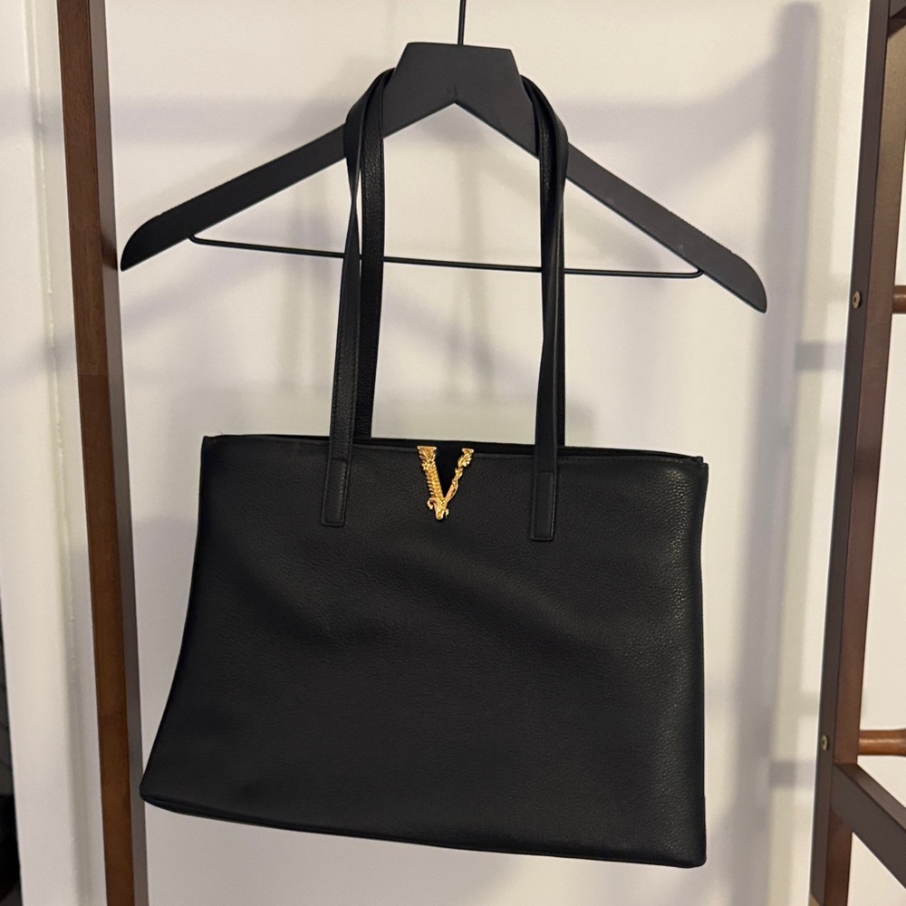 Versace Elegant Black Tote with Gold V Detail
